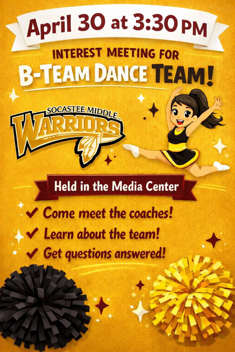 SocasteeHS's tweet image. #SocasteeHS is partnering with our two feeder middle school to begin B-Team Dance Teams! Interest meetings are being held at each school:
FMS 4/23 @ 4:00 in the Lecture Hall
SMS 4/30 @ 3:30 in the Media Center
#GoldBlooded #Finish