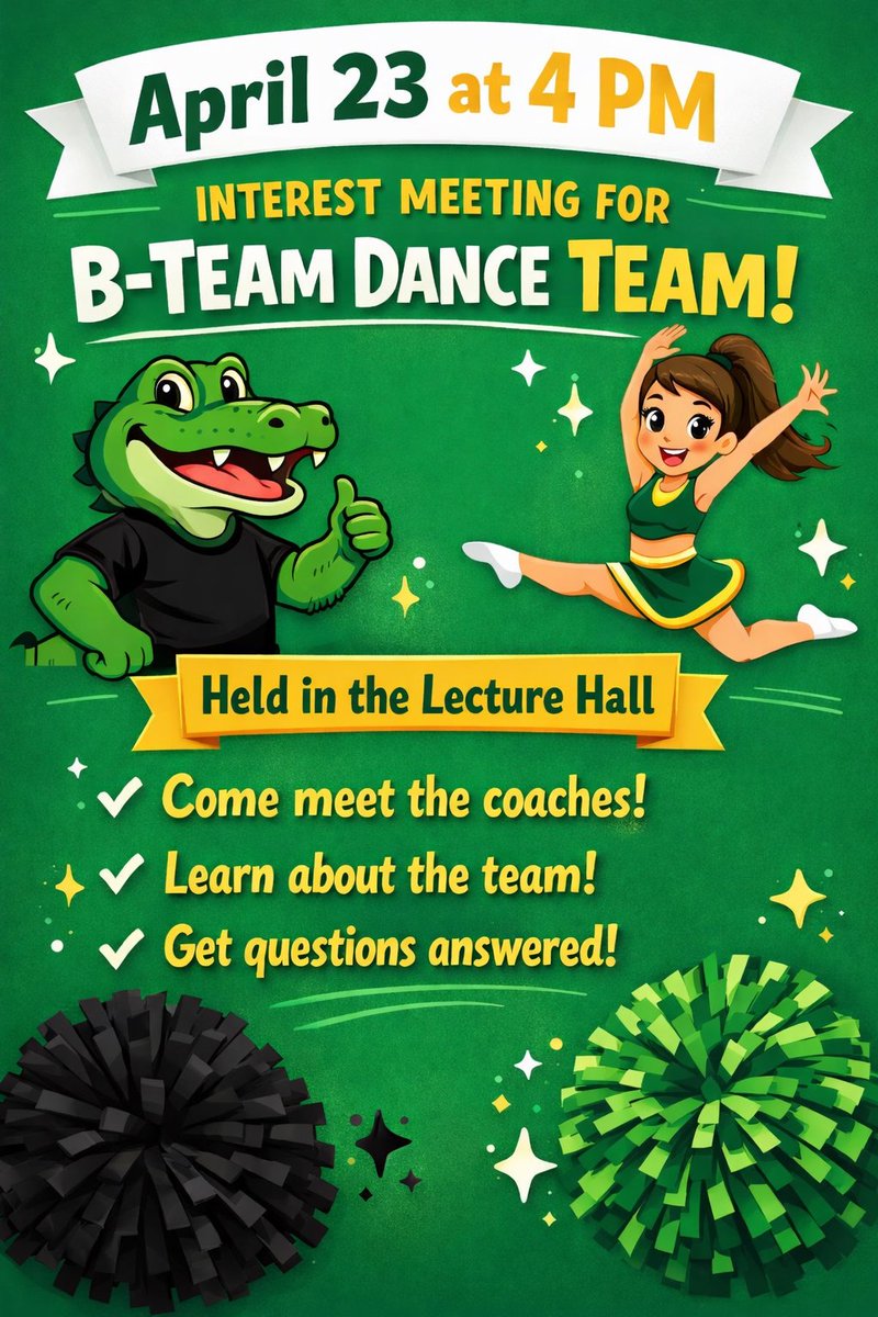 SocasteeHS's tweet image. #SocasteeHS is partnering with our two feeder middle school to begin B-Team Dance Teams! Interest meetings are being held at each school:
FMS 4/23 @ 4:00 in the Lecture Hall
SMS 4/30 @ 3:30 in the Media Center
#GoldBlooded #Finish
