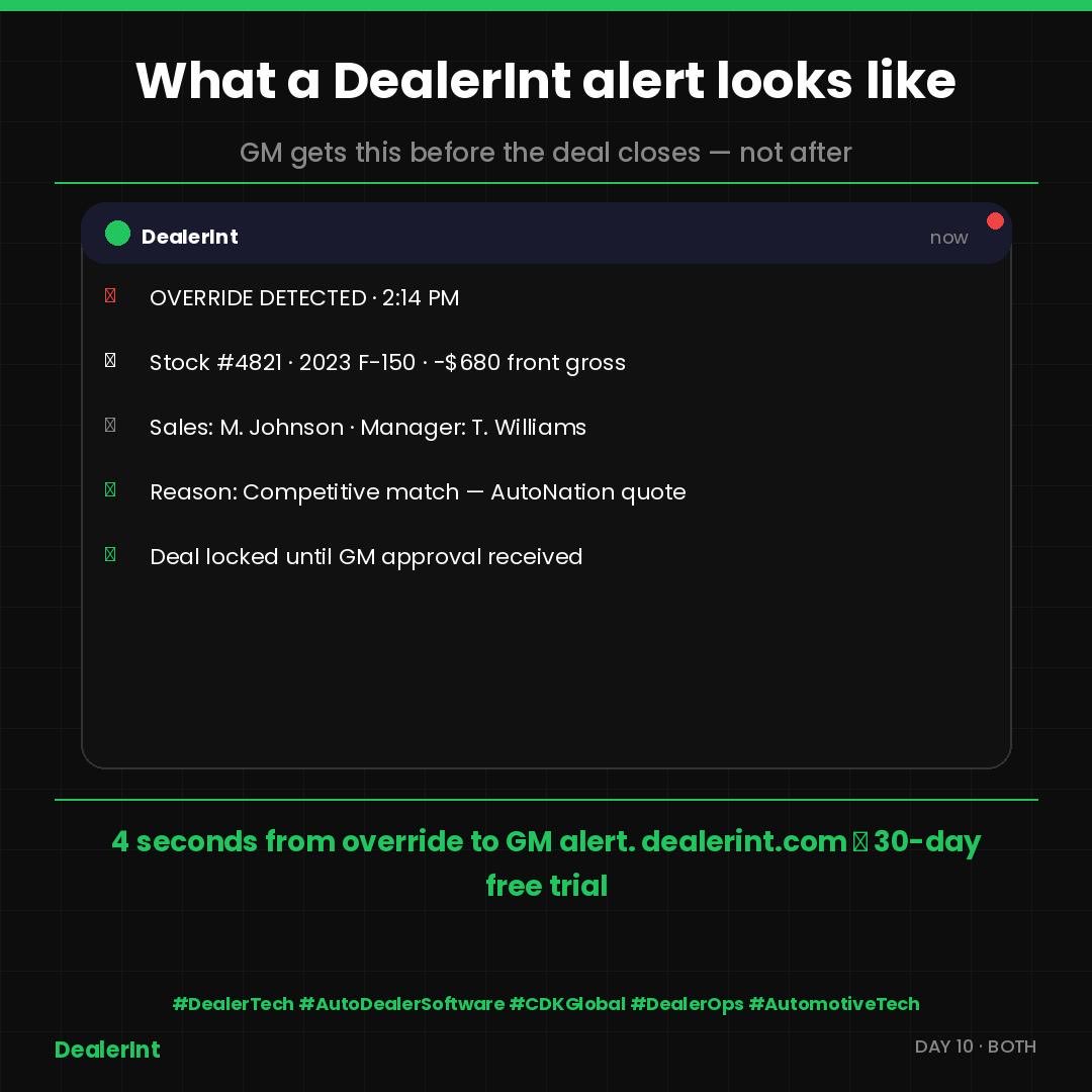 Dealerint's tweet photo. This is what your GM receives before a bad deal closes. Not after." This is accountability without confrontation. 

https://t.co/LwMzdg1OaB

#DealerTech #AutoDealerSoftware #DealerOps #AutomotiveTech #GeneralManager #SalesManagement #CarSalesUK #CanadaCars #CDKGlobal #Keyloop #DealerTech #AutoDealerSoftware #DealerOps #AutomotiveTech #EuropeanAuto #UKAuto #MotorTrade #usa #uk #australianews #canada #europe #cars #usedcars #newcars #automotive #auto