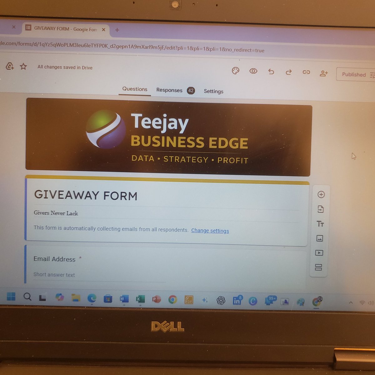 tjay_web3's tweet photo. ✅Day- 13/90

Week 2 Day 6
Learned Google Forms and applied it by creating a Giveaway Form
Collected 45 responses with structured data for real analysis
This is where data collection meets real world application.
Stay Blessed!
Abdullahi Ahmad Tijjani https://t.co/HPGBmHvkjc