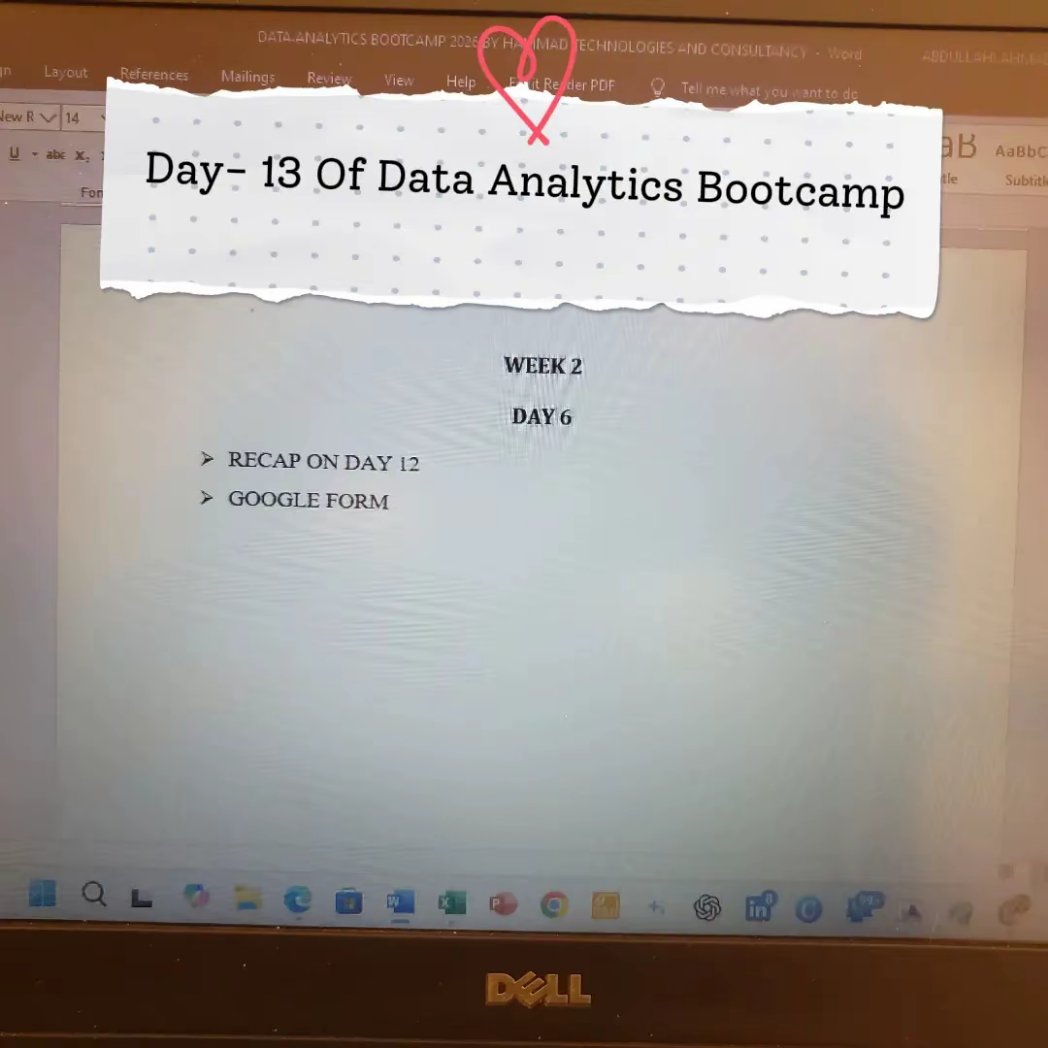 tjay_web3's tweet photo. ✅Day- 13/90

Week 2 Day 6
Learned Google Forms and applied it by creating a Giveaway Form
Collected 45 responses with structured data for real analysis
This is where data collection meets real world application.
Stay Blessed!
Abdullahi Ahmad Tijjani https://t.co/HPGBmHvkjc