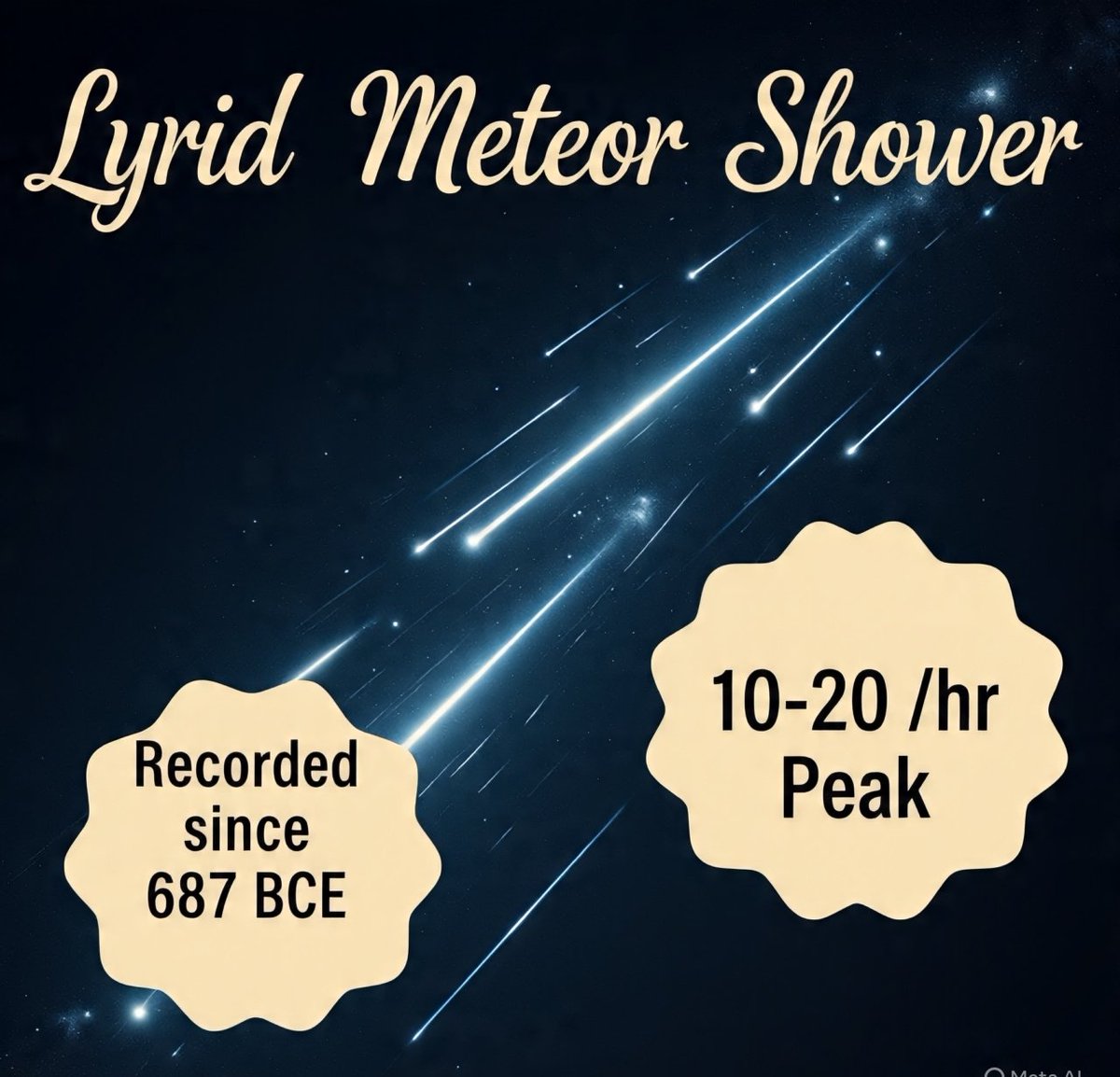 dd4char's tweet photo. Lyrid meteors peaking now! Oldest recorded shower since 687 BCE. 10-20 meteors/hr, fast bright fireballs. Best after midnight, no moon. Look up! ☄️

#Lyrids
 #MeteorShower 
#Astronomy 
#NightSky 
#Stargazing https://t.co/IMBMfJavWt