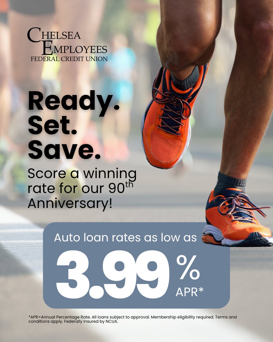 ChelseaEFCU's tweet photo. Everyone is running to take advantage of our 90th Anniversary Special Auto Rates!!!
As low as 3.99% for 2025-2026 model years!
Apply online today! https://t.co/ZSci4kYsjl