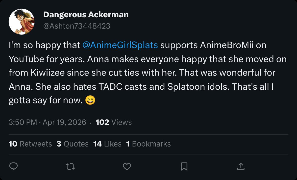 ShowDf33142's tweet image. @Ashton73448423 is happy that @AnimeGirlSplats is supporting AnimeBroMii #friends #kind