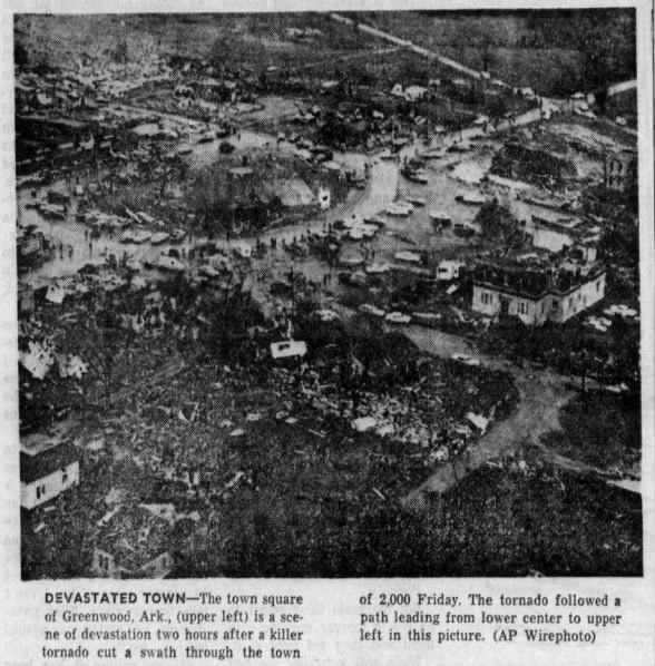 tornado_talk's tweet photo. The Greenwood, Arkansas F4 #Tornado – April 19, 1968!

It lasted only four minutes—but left devastating destruction behind.

An F4 tornado tore through the heart of Greenwood, Arkansas, tracking 2 miles with a maximum width of 300 yards. In that short time, 14 people were killed and 270 others were injured.

Thomas Grazulis wrote in *Significant Tornadoes* that much of Greenwood was “reduced to matchsticks and kindling.” The tornado moved through downtown and nearby neighborhoods, leaving a “sea of rubble.”

According to the *Storm Data* narrative, more than 400 homes and 60 business units were destroyed or damaged. At the time, it was considered the most destructive tornado in Arkansas since the 1952 Judsonia tornado.

https://t.co/VomTE8GcGA

#arwx #OTD #tornadohistory