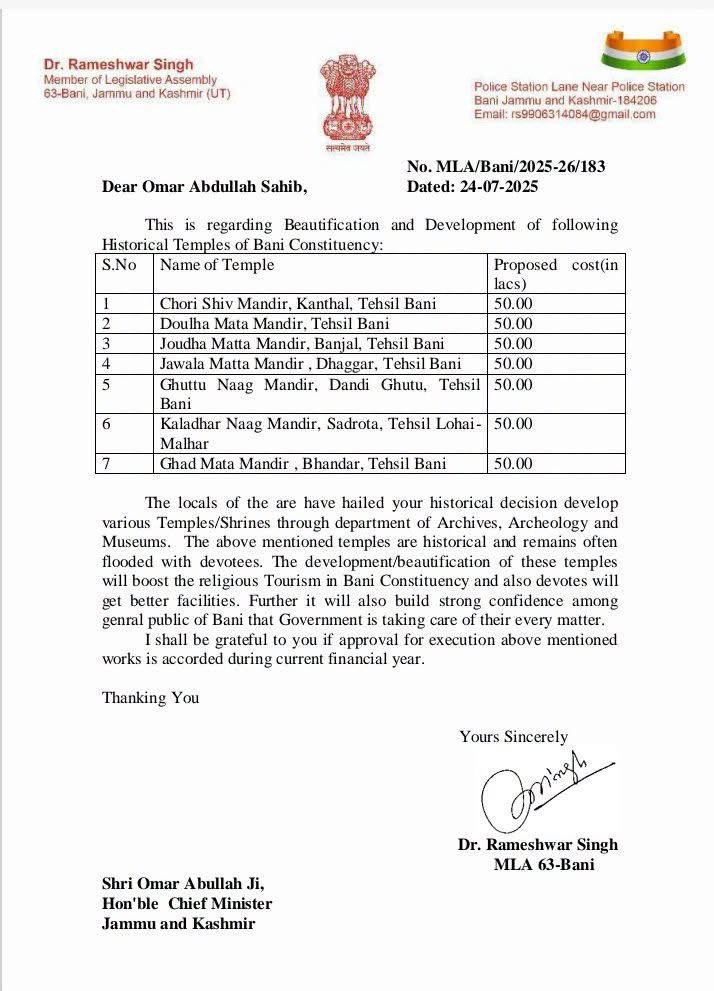 RameshwarS43044's tweet photo. Bani ke Mandiro Ki development ke liye Jo Ek paryas Tha wo aj safal hota hua Najar aa raha hai Bani constituency ke 7 Mandir ke development ke liye 3.5craur hr Ek mandir ke liye 50 lakh iske liye Mai Dil se Cm Jk jnab Omar Abdullah Ji ka shukriya adha krta hu. https://t.co/01QkA3yqVy