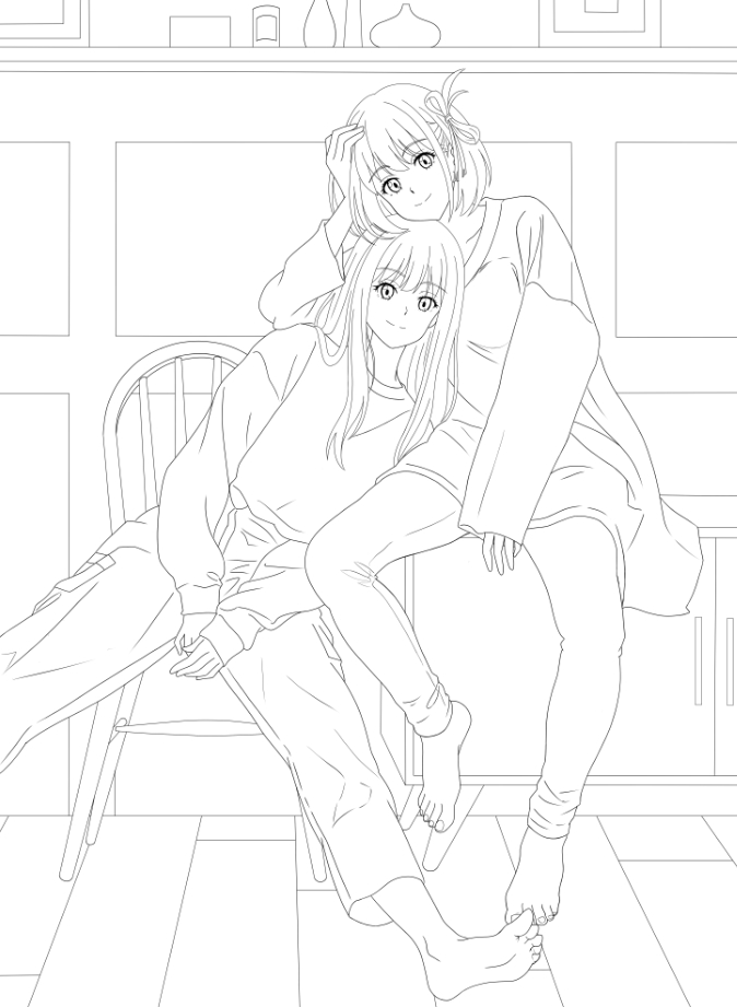 #イラスト 
#リコリス・リコイル 
#リコリコ  

ちさたき 31

線画終了(^^)/

このプライベートショットの構図は難しかったですがかなり気に入ってます

2人共良い顔が描けてるでしょ(^^)

次、彩色～