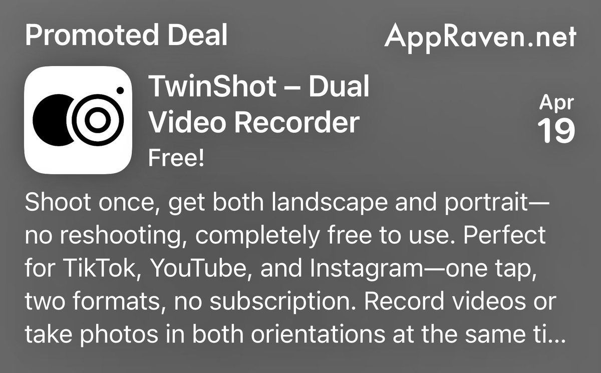 AppRaven's tweet image. 🎁 Today's App Deal - April 19th 🎁

TwinShot – Dual Video Recorder
Free!

Get it while you can!

👉 apps.apple.com/app/id67617593…

📆 Repost &amp;amp; Follow for new deals every day!

#Apple #AppStore #Deals #Discount #iPhone #Apps #iOS