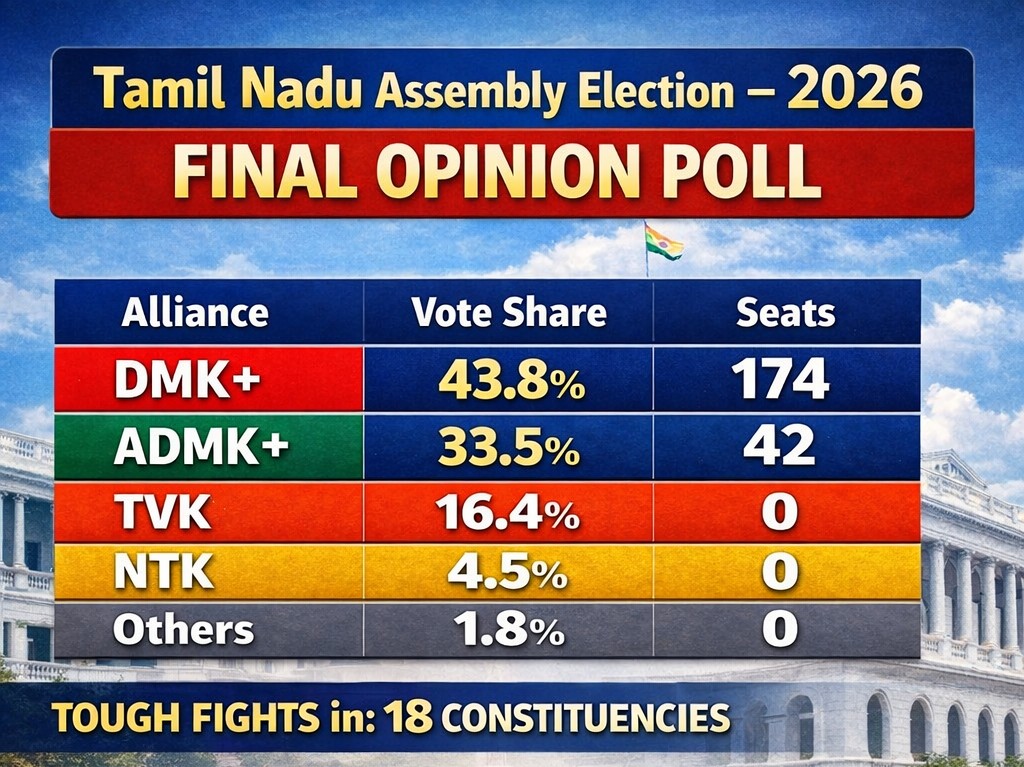 பல பொதுத்தேர்தல்கள் மற்றும் பல இடைத்தேர்தல்களை துல்லியமாக கணித்த ஆய்வாளரின் 2026 தேர்தலின் இறுதி கட்ட ஆய்வு முடிவுகள் மற்றும் கருத்துகள்!

📍திமுக கூட்டணி 174 தொகுதிகளில் தெளிவாக முன்னிலை, கடும் போட்டி யுள்ள 18 தொகுதிகளில்,  11 தொகுதிகள் திமுக கூட்டணிக்கே சாதகம்.
📍திமுக
