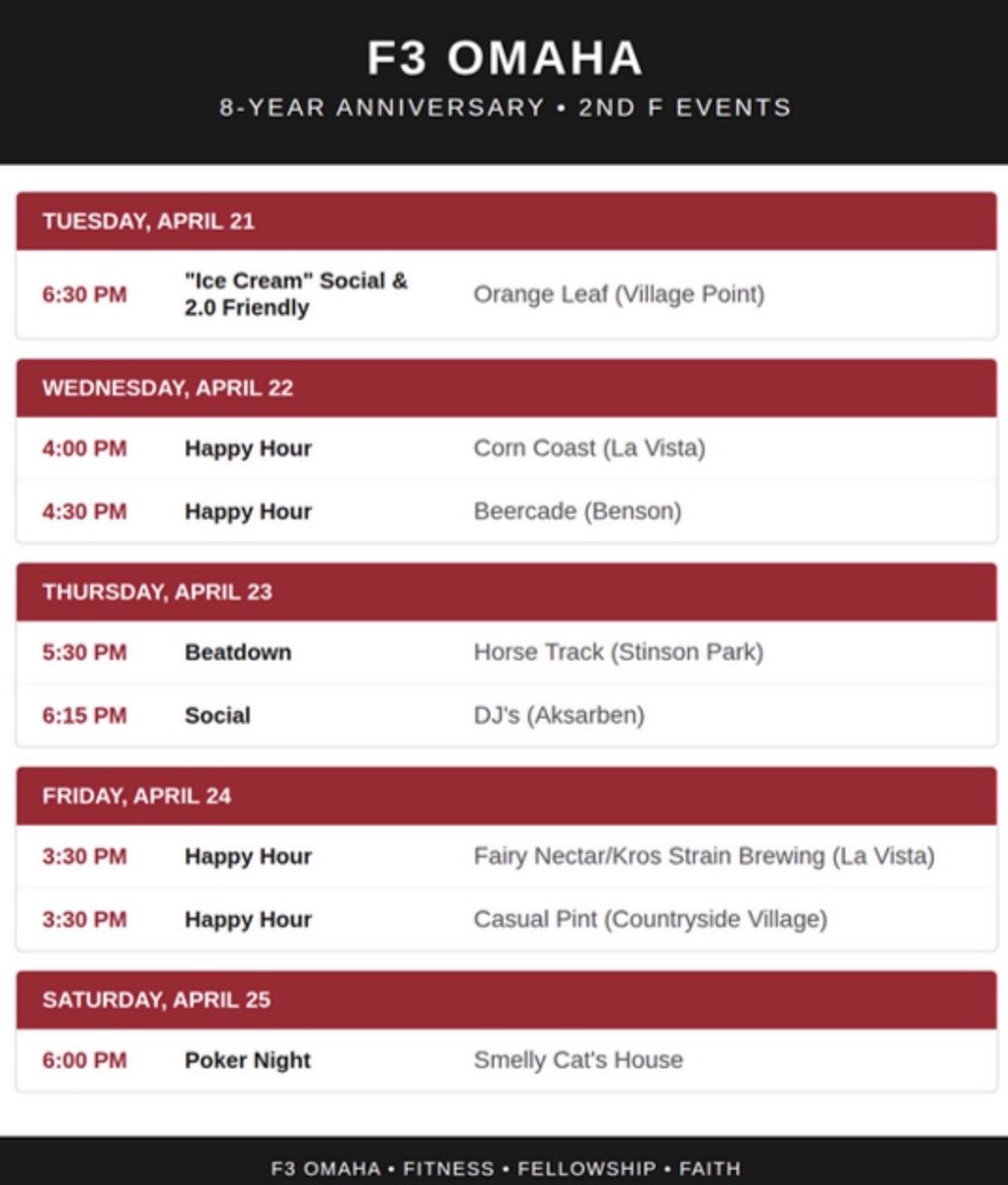 F3Omaha's tweet photo. 🎉 WEEK OF 4/19 2ND F ANNIVERSARY SCHEDULE!

4/21 Ice Cream Social w 2.0 🍦 

4/22 Corn Coast and Beercade Social 🍻

4/23 Pop-Up Beatdown &amp; Social 💪 🍕 🍻 

4/24 Fairy Nector &amp; Casual Pint Social 🍻 

4/25 Poker Night and Social ♣️ 🍻 

#FreedToFellowship https://t.co/CHkH42YPyC
