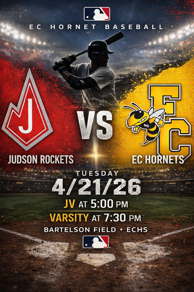 _ECAthletics's tweet photo. ⚾ IT’S GO TIME ⚾
Hornets 🆚 Judson Rockets
April 21, 2026
JV – 5:00 PM
Varsity – 7:00 PM
📍 Bartelson Field ECHS
Protect the Hive. Defend home turf. 
#ProtectTheHive #ECBaseball
@_ECBaseball @ECISDtweets @ArriolaSuzette @joehubb74 https://t.co/pVm7Y3M2Pe