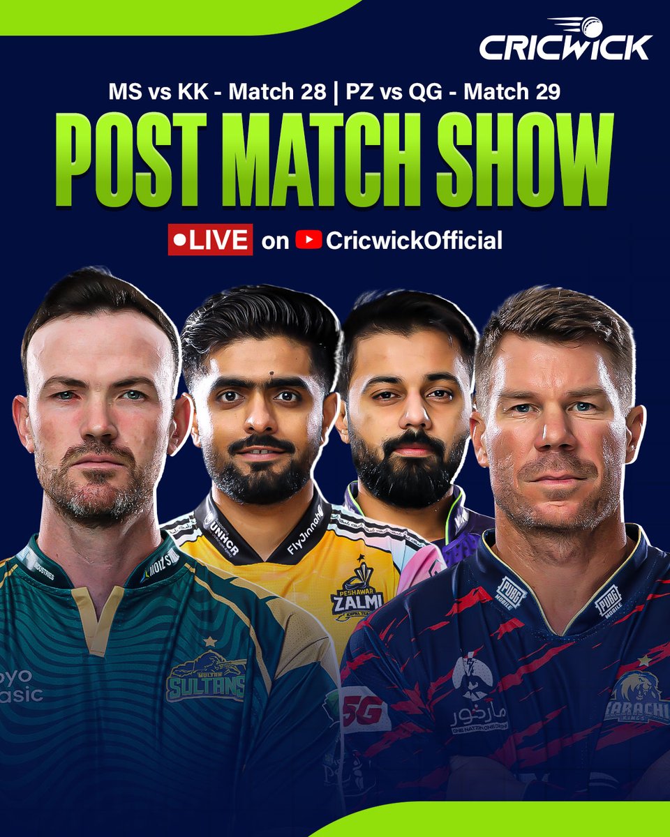 Cricwick's tweet photo. Post Match Show will be LIVE๐๏ธ
Multan Sultan vs Karachi Kings + Peshawar Zalmi vs Quetta Gladiators
Double header
Double breakdown
Stay tuned ๐
https://t.co/5HCDaj4FwR
#HBLPSL11 #MSvKK #PZvQG #Cricwick #PostMatchShow https://t.co/RivVObVbcU