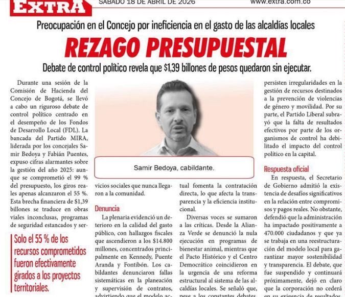 Como lo revela el diario Extra, $1,39 billones quedaron sin ejecutar en las localidades de Bogotá. Mientras hablan de “alta ejecución”, la realidad es otra: inseguridad, obras inconclusas y problemas sin resolver. Menos cifras, más resultados para la gente.