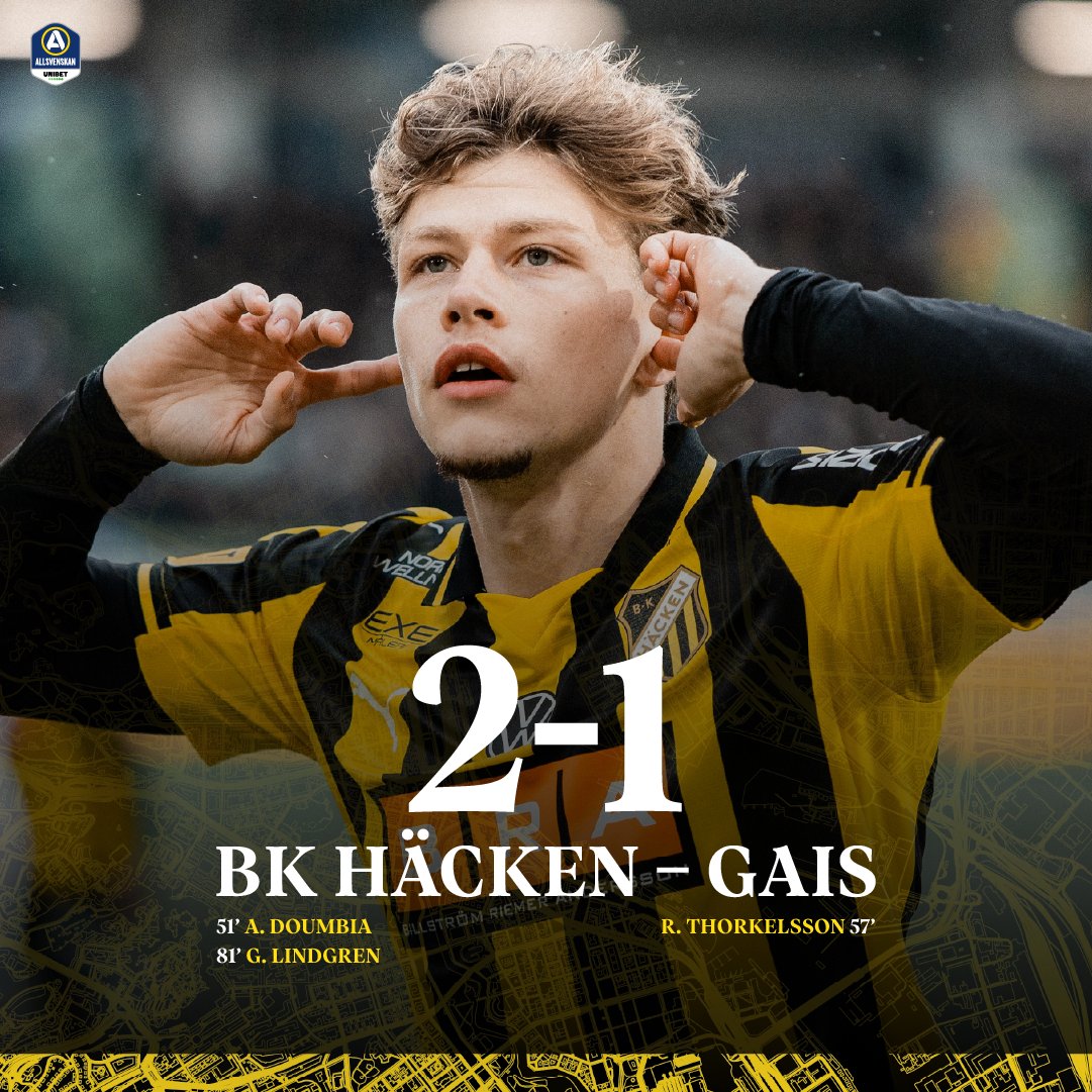 Två av två derbyvinster i Allsvenskan ✅

BK Häcken besegrar GAIS med 2–1 på Nordic Wellness Arena, efter gulsvarta mål av Abdoulaye Doumbia och Gustav Lindgren.

#bkhäcken