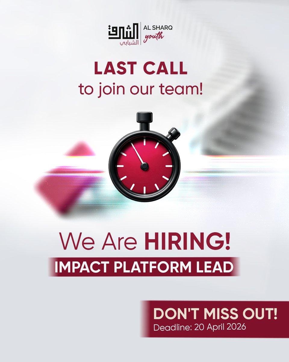 SharqYouth's tweet photo. ⏳ Final reminder: applications close tomorrow
Al Sharq Youth is hiring an Impact Platform Lead.
Apply now: https://t.co/AtYF8wSWOA

Join us in building a platform that helps youth turn ideas into sustainable, community-centered initiatives with real impact.

📍 Istanbul, Türkiye (remote possible for exceptional candidates)
🕒 Full-Time
📅 Deadline: 20 April 2026

Apply now: https://t.co/AtYF8wSWOA

#Hiring #AlSharqYouth #ImpactPlatformLead #YouthLeadership #SocialInnovation