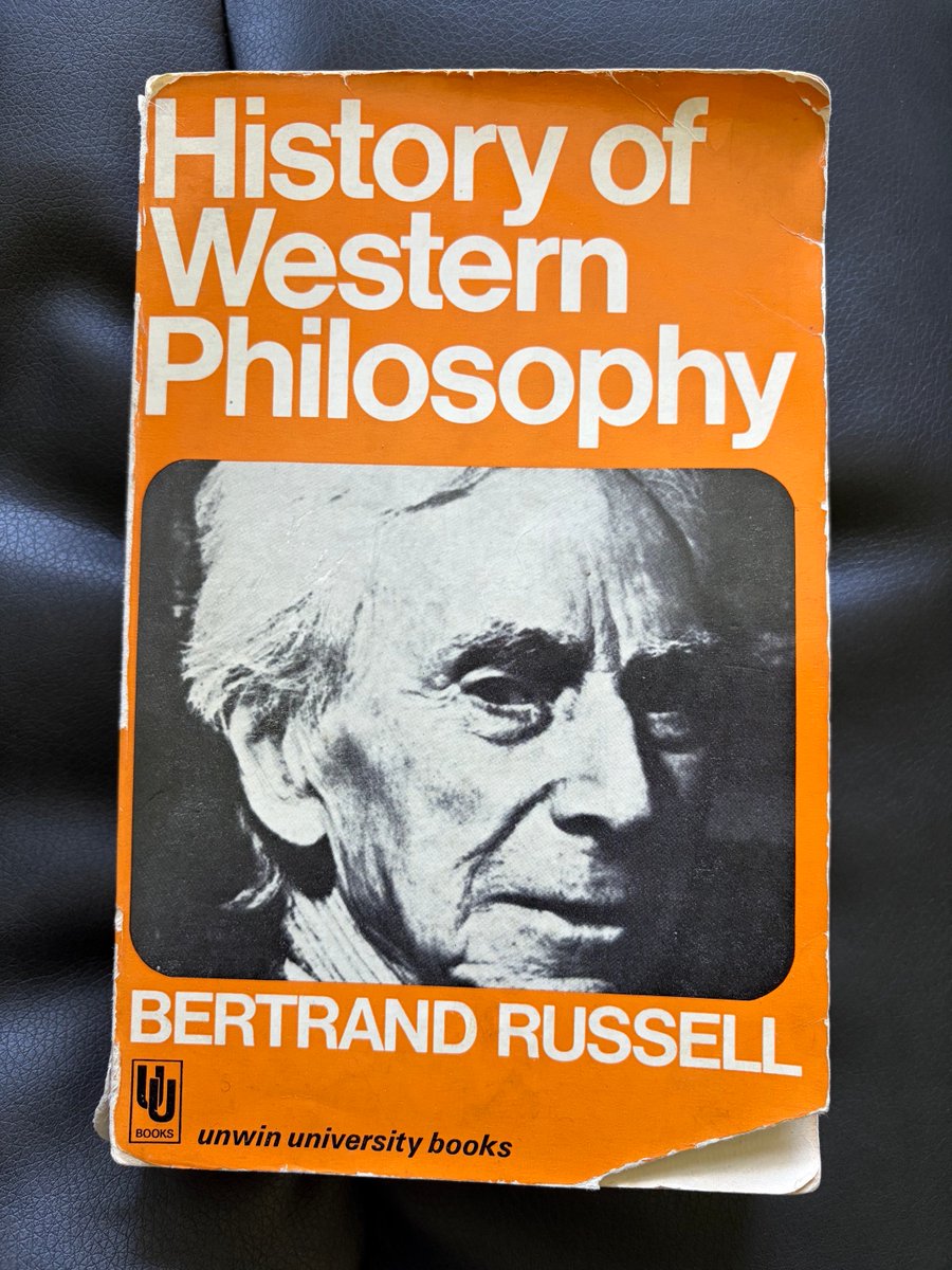 Just found this tattered copy from my college days. It was transformative for me. My favorite line: “With the possible exception of Leibnitz, every philosopher of whom I treat is better known to some others than to me.”
The caveat shows Russell’s commitment to truth over modesty.
