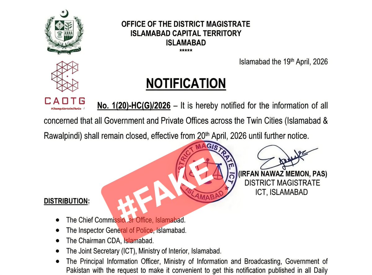 shaheryarhassan's tweet image. #Islamabad: #FakeNewsAlert 
Fake notification circulating. Please refrain from sharing unverified news. #ChampAlertsOnTheGo #CAOTG