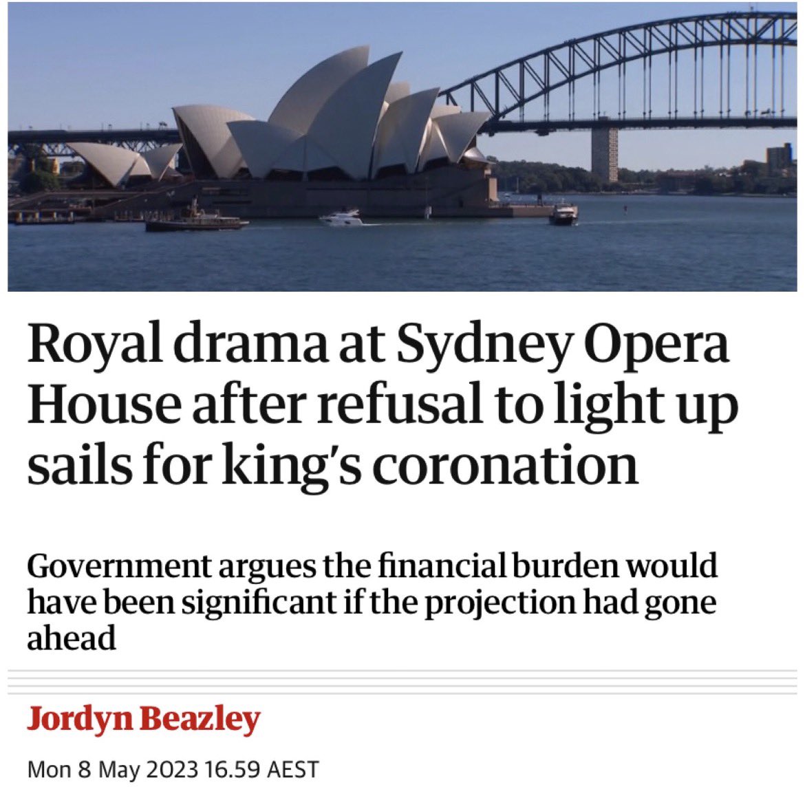 Friendly reminder that in 2023 the New South Wales Government refused a request by the Palace to light up the Sydney Opera House sails for Charles’ Con-A-Nation, calling it a waste of tax dollars. Well done NSW Government!