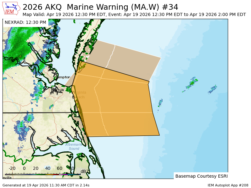 AKQ issues Marine Warning [wind: >34 KTS, hail: 0.00 IN] for 8 forecast zones in [AN] till Apr 19, 2:00 PM EDT mesonet.agron.iastate.edu/vtec/f/2026-O-…