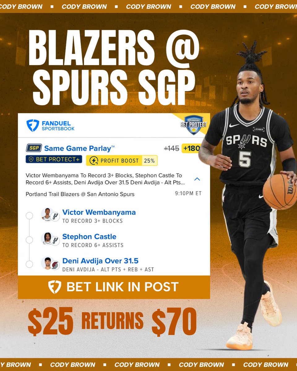 CodyBrownBets's tweet photo. Let’s make it back to back SGP cashes…

🔗 FanDuel bet link: https://t.co/y7d4WlPiZt

I’m using bet protect again here which means we’re covered for the full game if any of our players get injured!

25% profit boost available too. 🤝

21+ only. https://t.co/IZa4tq7uja