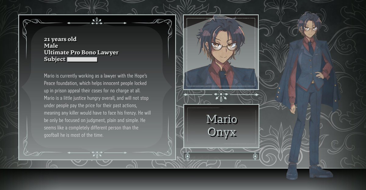 CHARACTER INTRODUCTION: Mario Onyx, Ultimate Pro Bono Lawyer

CVA: <a href="/RisterMice/">KU | RisterMice</a> 

#fanganronpa #fangantwt #fangan #reverbbloodlines #danganrb #revblood  

(Sprite by Kyami, Card design by Kami)