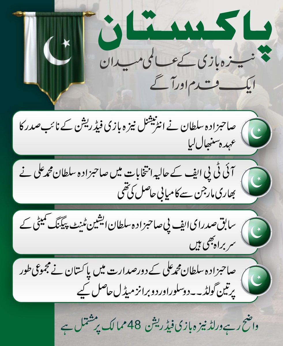 اب انشاءاللہ مستقبل قریب میں ورلڈ اولمپکس میں بھی نیزہ بازی کے مقابلے منعقد ہوں گے 
 #SultanVicePresidentITPF
#SultanRisesAgain
#GreenFlagRisesAtITPF