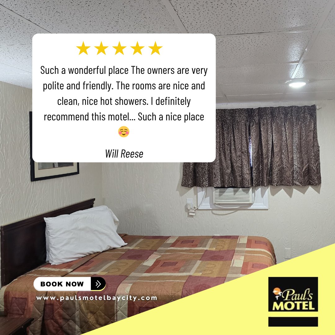 PaulMotelBayC's tweet image. ⭐️⭐️⭐️⭐️⭐️ 
“Such a wonderful place! The owners are very polite and friendly. The rooms are nice and clean, with great hot showers. I definitely recommend this motel… such a nice place.”
— Will Reese
Experience it for yourself ✨BOOK NOW
#5StarReview #GuestExperience