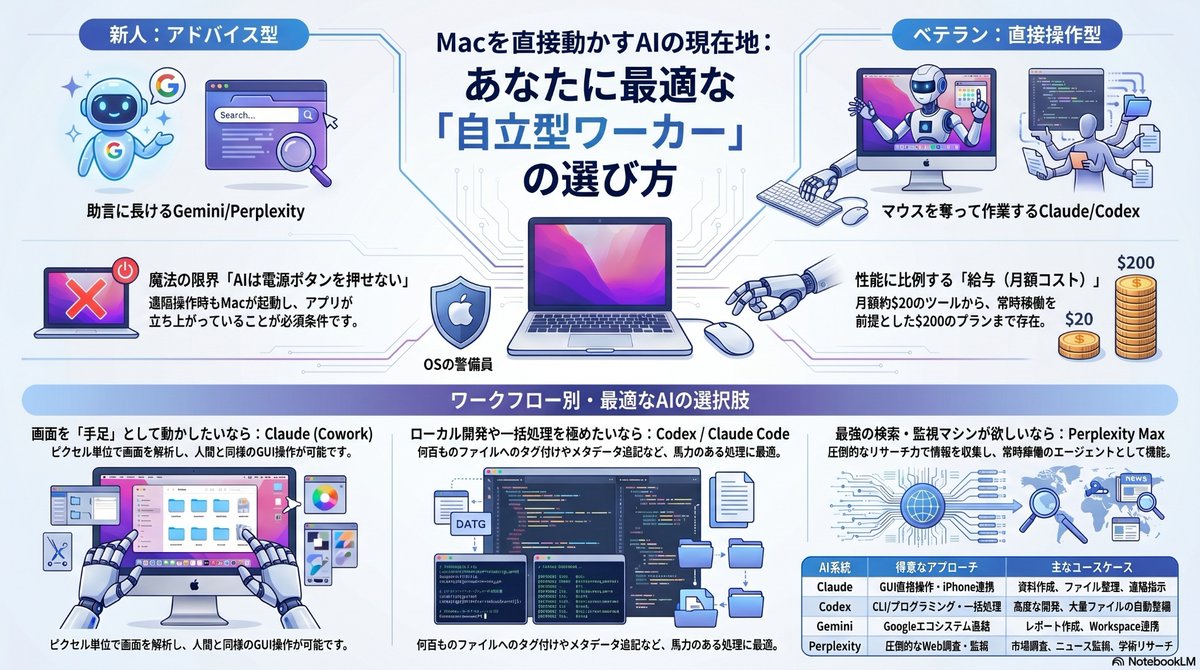roompine's tweet image. 【検証】Macを直接動かす「自律型AI」 🤖💻
　Macの「自動操作」の理想と現実

✅ Claude： マウスを奪って手伝う
✅ Perplexity： 圧倒的な情報収集力
✅ Gemini： 画面を見て的確に助言
✅ Codex： 裏側で一括処理

👇youtu.be/tBWTvg1aafo

#AI #Mac #Claude #Perplexity #Gemini #Apple