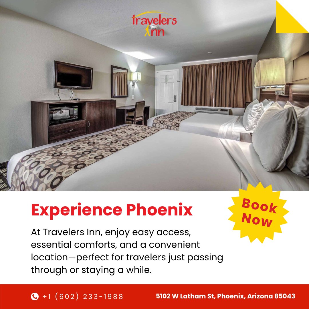 TInnPhoenix's tweet image. Experience Phoenix at Travelers Inn ☀️🛏️
Enjoy easy access, essential comforts, and a convenient location—perfect for quick stops or longer stays.

📞 +1 (602) 233-1988
📍 5102 W Latham St, Phoenix, AZ 85043
BOOK NOW

#TravelersInnPhoenix #PhoenixAZ #StayInPhoenix