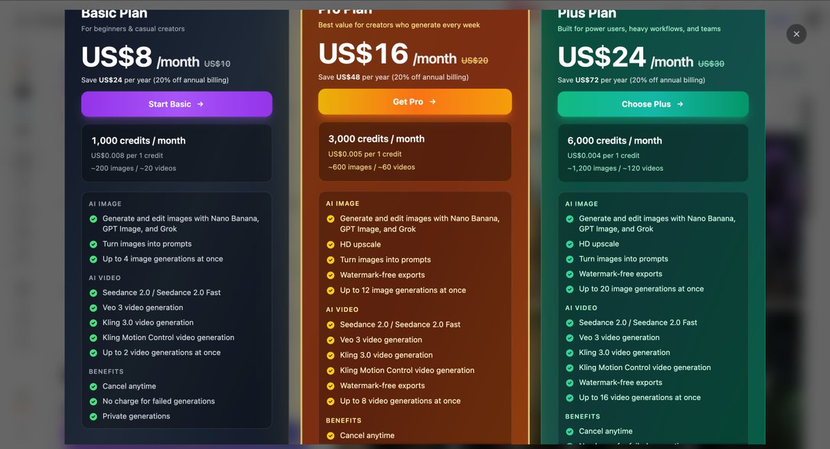 underwoodxie96's tweet image. The same prompt can now be recreated on our website using Grok.

promptsref.com/tool/AI-Image-…

Today, we also rolled out an updated pricing plan, with a clearer breakdown in the billing popup showing exactly which tools your credits can be used for.

What we want to build is not just