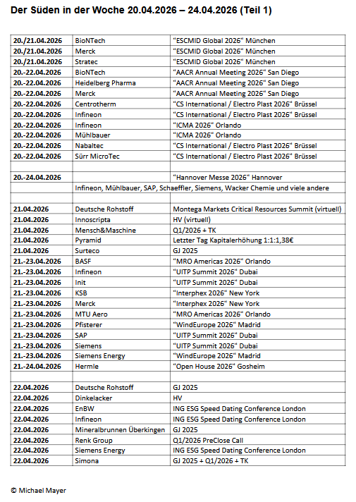 Papamicha007's tweet image. Kleine Übersicht zu Terminen von Unternehmen aus #Süddeutschland für die kommende Woche. Reine Information, kein Anspruch auf Vollständigkeit, keine Gewähr! DARF GERNE RE-TWEETET WERDEN :-) #Termine #Kalender #Kapitalmarkt #Börse #Aktien #thinkglobalinvestlocal