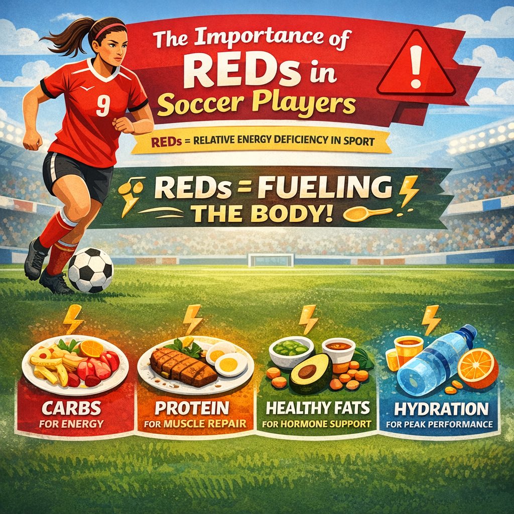 CyperHd's tweet photo. ⚠️ What is REDs?

Relative Energy Deficiency in Sport (REDs)🥵
       -when energy intake < energy expenditure
➡️ The body doesn’t have enough fuel to support:
•Training
•Recovery
•Basic physiological function

⸻

#soccer #nutrition #health #football #energy https://t.co/rXBmY2A1cF