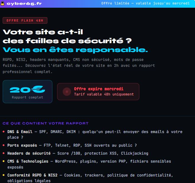 cloud_serveur's tweet photo. vous avez un site internet et il sécurisé ? un rapport complet a 20 € tarif uniquement jusqu'a mercredi envoyer vôtre demande a contact@cyber65.fr https://t.co/TD8BjbdPcc