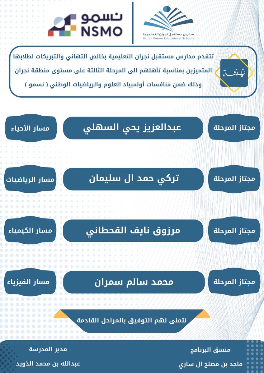 بكل فخر نبارك لطلابنا المميزين تأهلهم للمرحلة الثالثة من منافسات أولمبياد العلوم والرياضيات (نسمو) على مستوى منطقة نجران 🎉

كما نبارك لأسرهم ولمعلميهم شركاء هذا النجاح، سائلين الله لهم دوام التوفيق ومزيدًا من الإنجازات . 

إنجاز يعكس التميز والإصرار وثمرة الجهد والمثابرة .