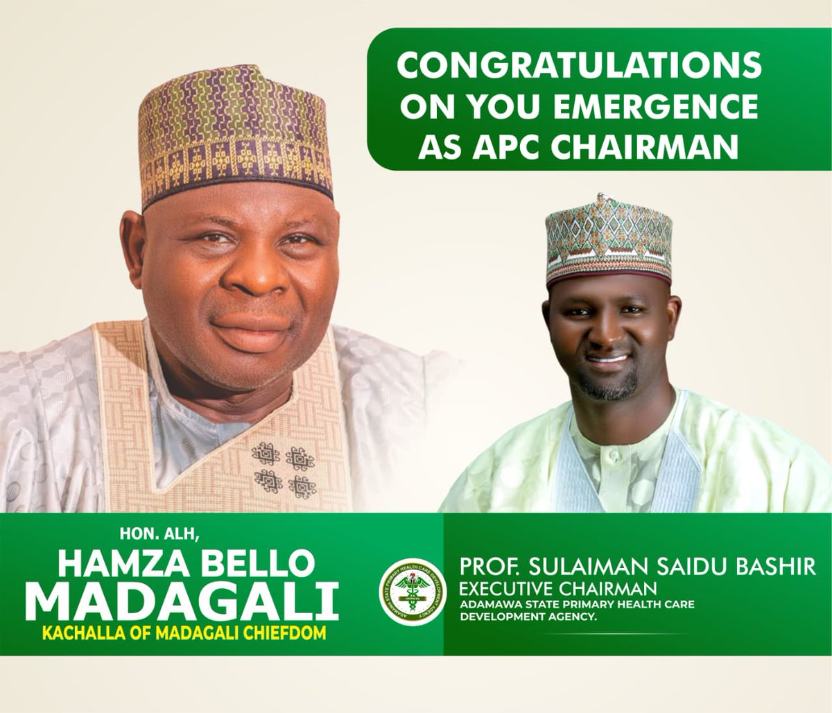 Dr_SSbashir's tweet photo. I extend my heartfelt congratulations to Hon. Hamza Bello Madagali on his emergence as the Chairman of our great party, the All Progressives Congress (APC), in Adamawa State. I wish him a successful and impactful tenure.

@GovernorAUF https://t.co/mjXtQZDpRh