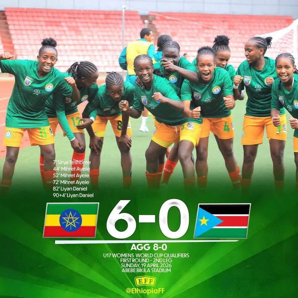 BahiruTi's tweet photo. 🇪🇹 Proud moment for Ethiopia! Our U-17 Women’s Team dominates South Sudan 6-0 (8-0 agg).

Huge respect to the players &amp; coaching staff for their dedication and passion. Keep making us proud! 🇪🇹🔥 https://t.co/qQrEWUggmb