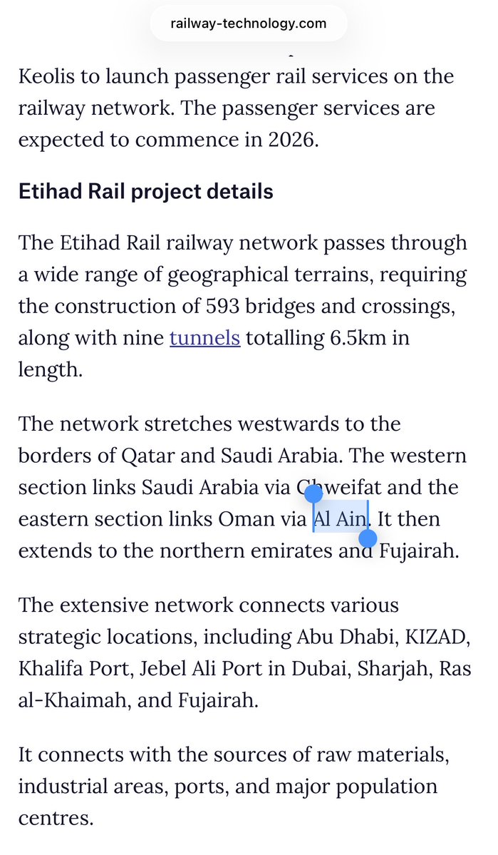 <a href="/H_alamrie/">🇦🇪BU HAZZA</a> ترى جزء كبير من مسار القطار يمر خارج المدن أو تحت الأرض او على جسور .
ومراحل التنفيذ تختلف من منطقة لمنطقة و العين ضمن الربط المستقبلي و ربط دولي بين العين و عمان و بين المناطق الشمالية و الفجيرة