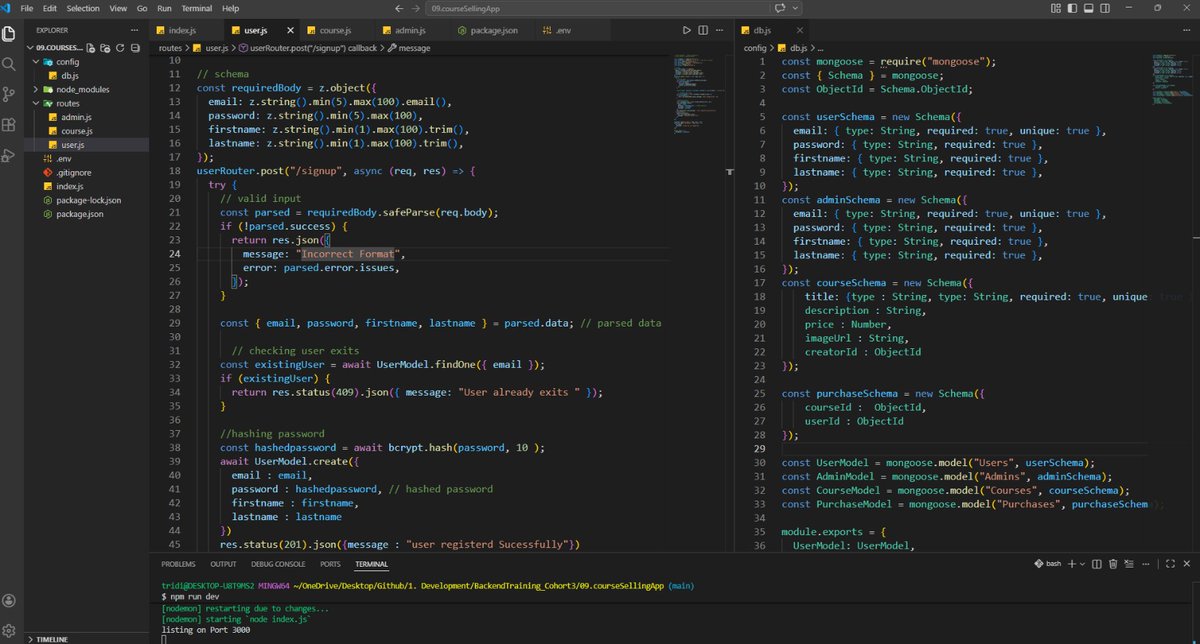 tryindeep's tweet image. Day 20 / #100DaysOfCode
Built /signup endpoint for my Course Selling App 🔨
✅ Zod validation
✅ bcrypt hashing
✅ Duplicate user check
✅ Mongoose schemas
Node + Express + MongoDB
Use claude for review, should i use AI for review ?
#NodeJS #BackendDev