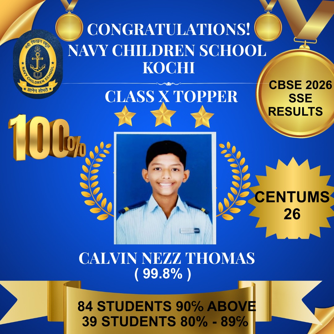 IN_NCSKochi's tweet image. Proud Moment! 🎉🌟
Navy Children School, Kochi records 100% success in CBSE 2026 SSE!
🏆 Topper: Calvin Nezz Thomas – 99.8%
📊 84 students above 90%
💯 26 centums
Kudos to students, teachers &amp;amp; parents.
#SchoolPride #Excellence #NCSK