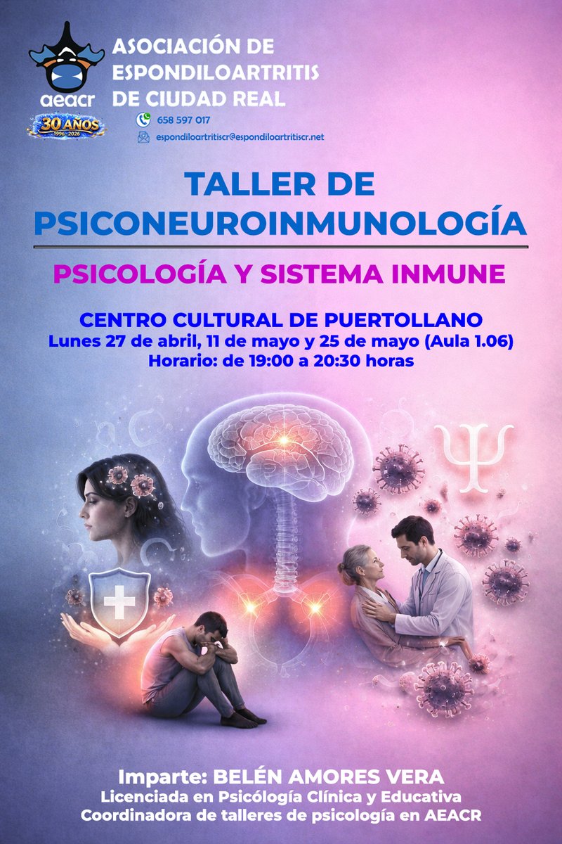 AEACR's tweet photo. TALLER DE PSICONEUROINMUNOLOGÍA
Comenzamos este interesante taller dividido en tres sesiones:
Lunes, 27 de abril, 11 de mayo y 25 de mayo.
De 19:00 a 20:30 horas - Aula 1.06
CENTRO CULTURAL DE PUERTOLLANO.
Imparte: BELÉN AMORES VERA
¡ TE ESPERAMOS !
@CEADE_ @aytopuertollano https://t.co/5UQG5DrqcD