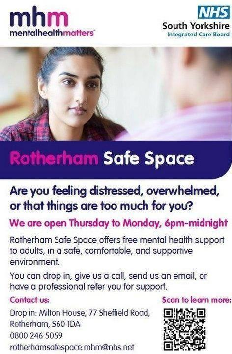 Stag_RosePPG's tweet image. #mentalhealthsupport &amp;amp; #thursday 

Rotherham Safe Space are there for you 5 nights a week, Thu - Mon 6pm - midnight.

There for you…… reach out if you need to. Getting really good feedback about this space and supportive service.

#SupportForAll #mentalwellbeing