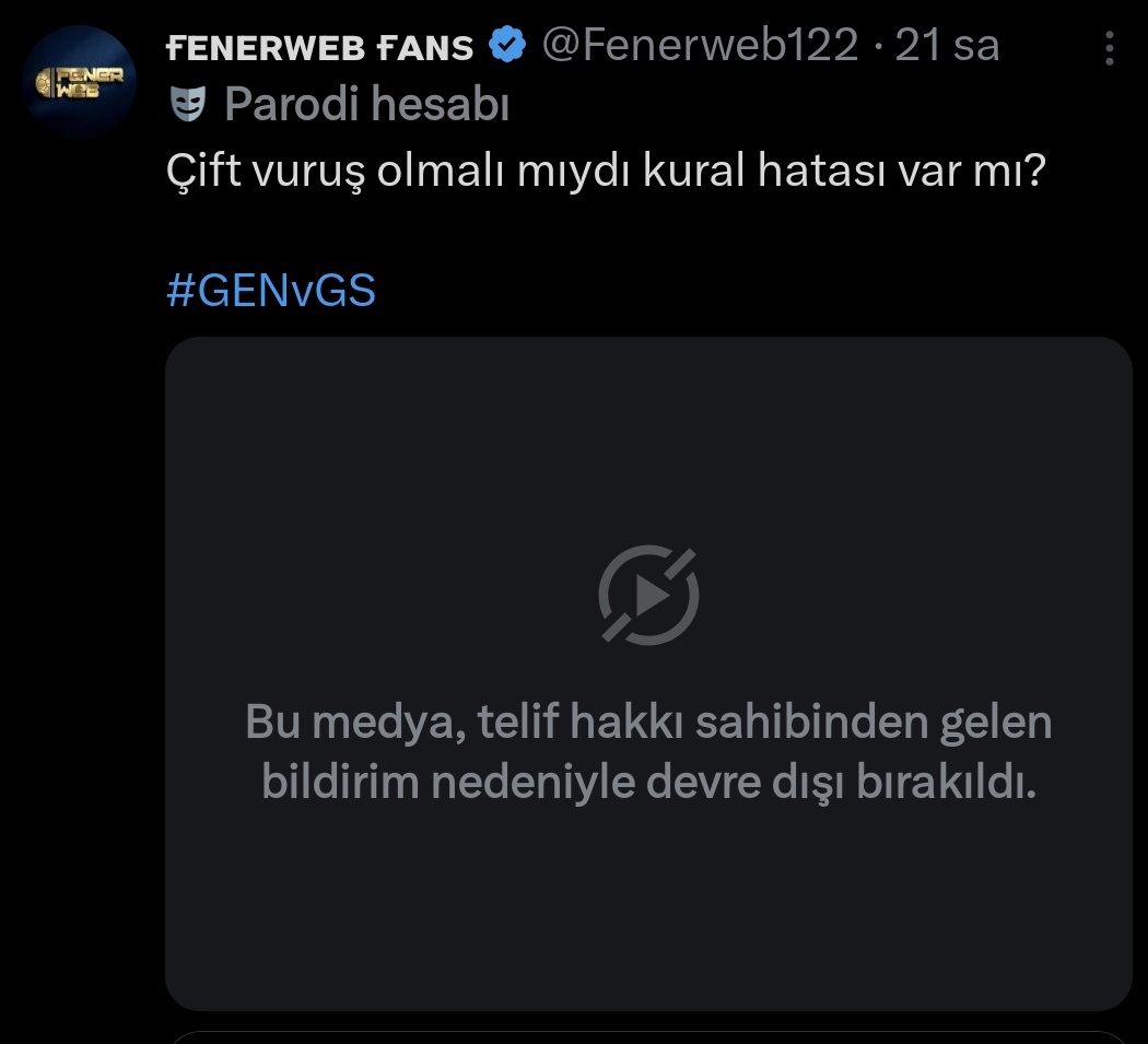 UĞURCAN'IN KURAL HATASI YAPTIĞINI PAYLAŞTIĞIM VİDEO TELİF ATILARAK KALDIRILDI.

VİDEODA HİÇBİR TELİF UNSURU YOKTU! ZATEN TELİF MAİLİ DE GELMEDİ. SESSİZ SEDASIZ KALDIRILDI!

RİZESPOR KALECİSİNİN KENDİNİ YERE ATTIGI VİDEOYU DA AYNI ŞEKİLDE PAYLAŞMIŞTIM TELİF FALAN ATILMADI.
