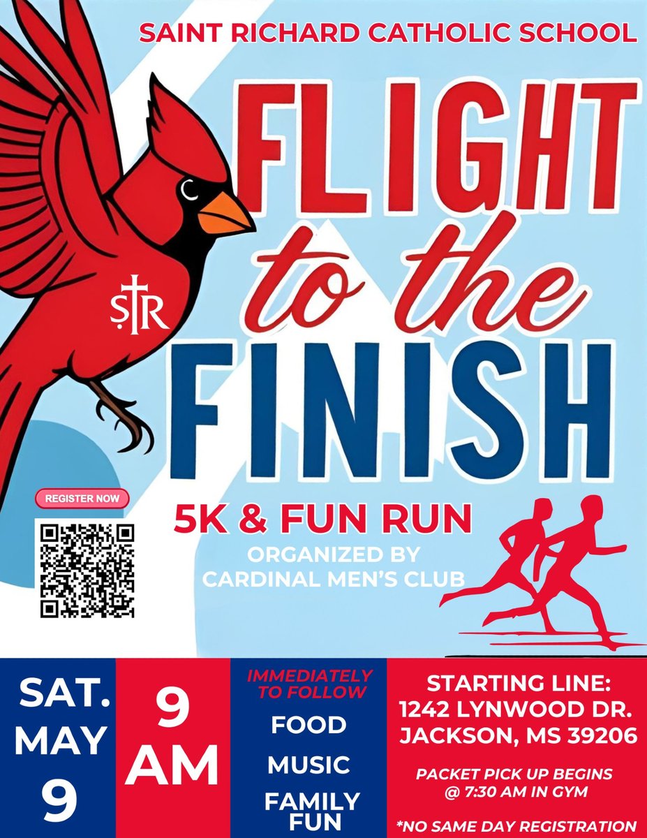 RodsRacers's tweet image. 🏁Flight to the Finish 5k &amp;amp; 1 Mile Fun Run
🗓️ 5.9.2026
🕧 9 AM
📍 Saint Richard Catholic School - Jackson, MS
🔗 rodsracersms.info/3zz
#running #walking #runmississippi #visitjacksonms #visitms 

📢Benefiting St. Richard Catholic School, hosted by the St. Richard Men's Club.