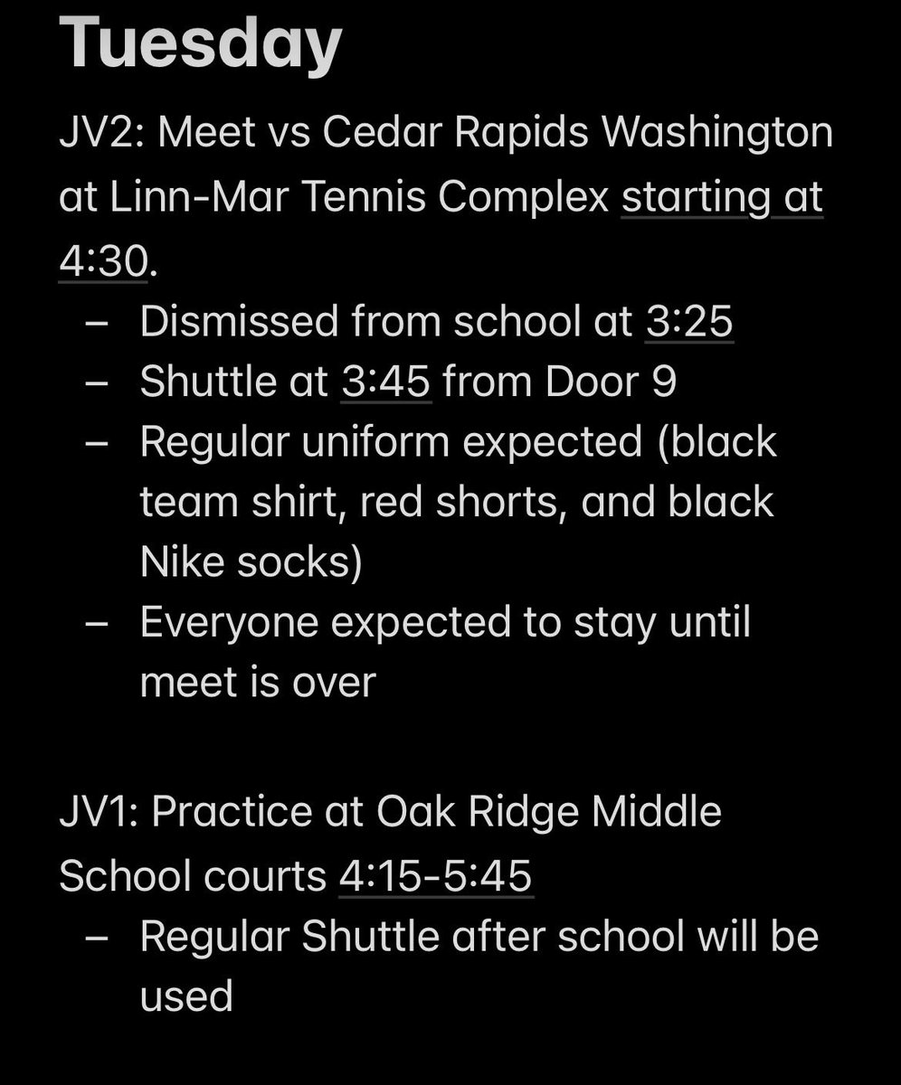 910lmtennis's tweet photo. JV Schedule 4/20-4/25

Mon- See below
Tue- See below
Wed- no practice due to varsity home meets
Thur- regular practice at LM Tennis Complex
Fri- See below (no school day) https://t.co/Kg73ZNROzf