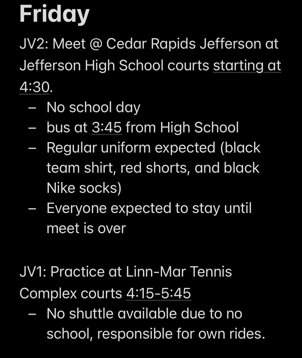 910lmtennis's tweet photo. JV Schedule 4/20-4/25

Mon- See below
Tue- See below
Wed- no practice due to varsity home meets
Thur- regular practice at LM Tennis Complex
Fri- See below (no school day) https://t.co/Kg73ZNROzf