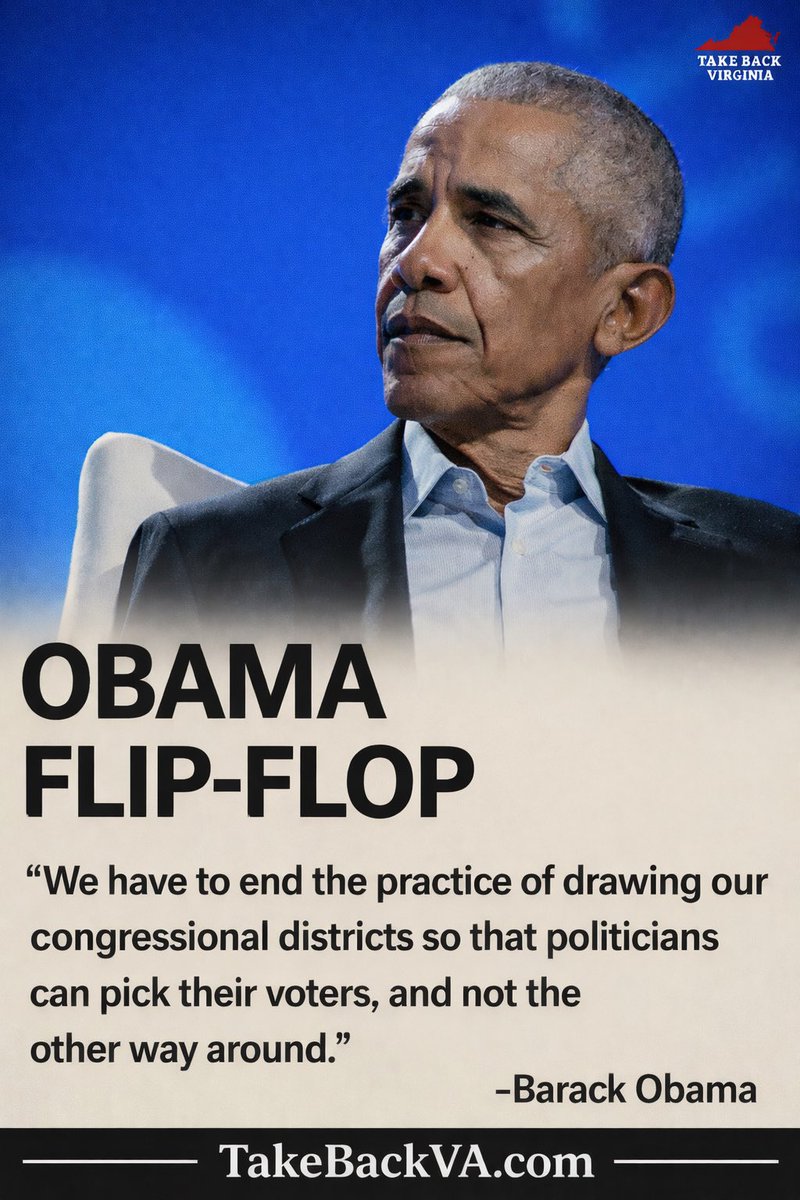 TakeBackVA's tweet photo. Barack Obama was “against” gerrymandering… until Democrats in Virginia started doing it.

Now Barack Obama is pushing for an unfair 10–1 advantage in Virginia.

STOP THE POWER GRAB 

VOTE NO APRIL 21ST! https://t.co/GN30RkbOI4