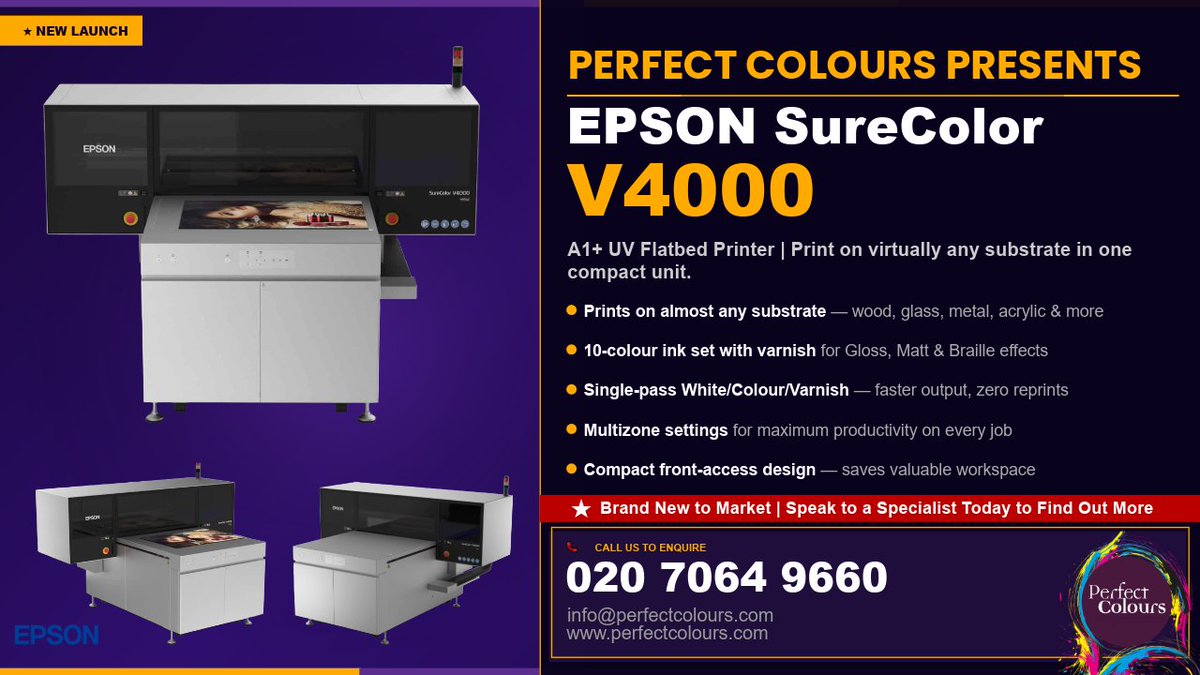 perfectcolours's tweet image. Introducing the @EpsonUK SureColor V4000

This single-pass A1+ UV flatbed printer will print on almost any substrate with 10-colour ink set, white and varnish. Compact design to save space.

Call us on 020 7064 9660 for more information. 

#flatbed #printer