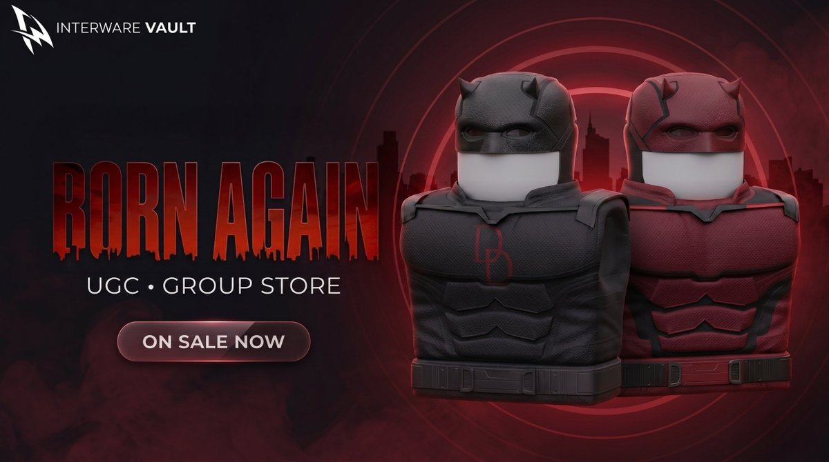 InterWareGames's tweet photo. InterWare Vault’s Born Again UGC wave is now live, featuring both the Season 1 and Season 2 outfit variants.

These sets are also included in FEARLESS and will be available as selectable outfits for Daredevil at launch.
#DaredevilBornAgain #Daredevil #Roblox #UGC https://t.co/d6hrc12zdj