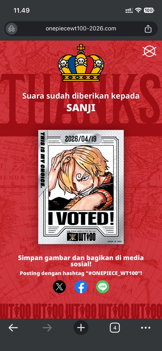 48 days in a row voting for SANJI #ONEPIECE_WT100 <a href="/Eiichiro_Staff/">ONE PIECE スタッフ【公式】/ Official</a>