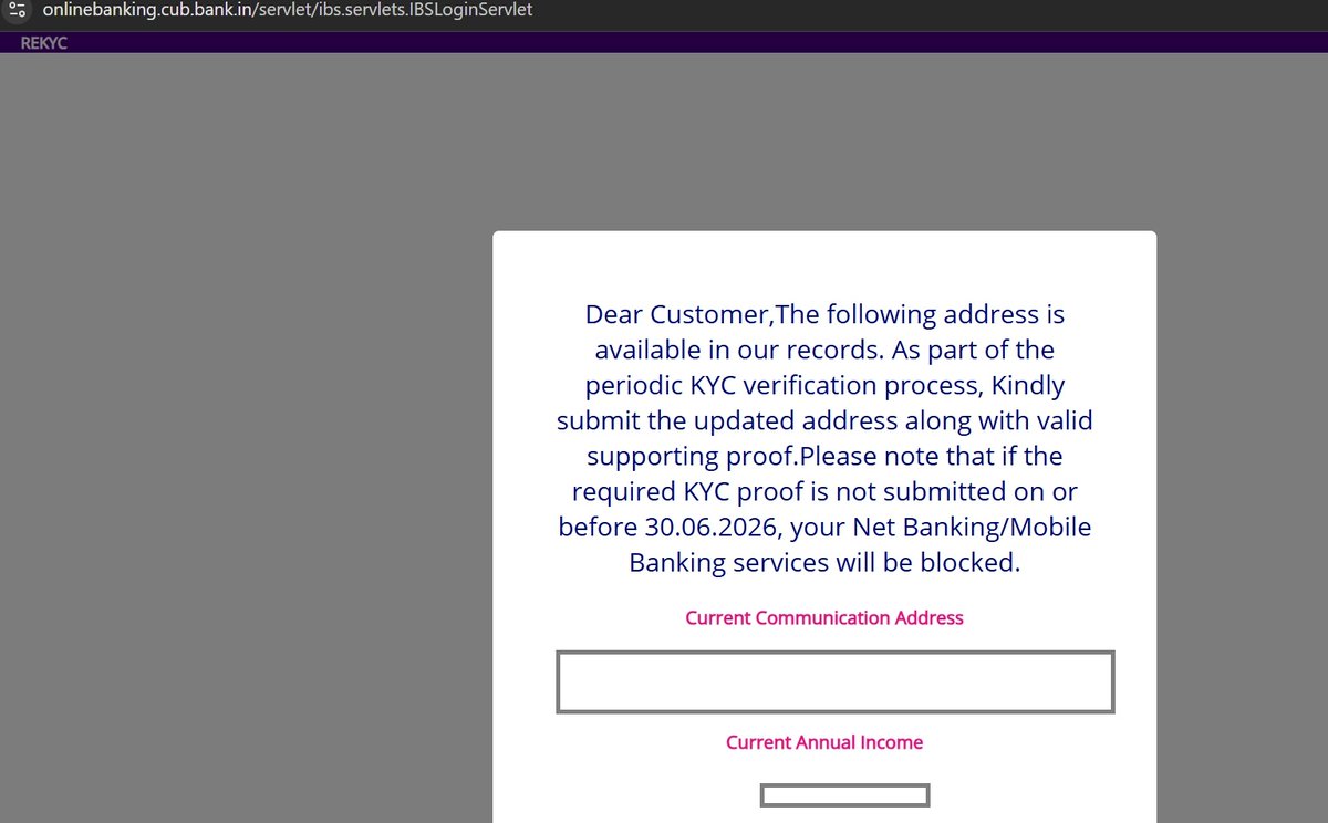 Kapalee's tweet photo. Having given time till 30/6 to submit REKYC, not sure why @cubltd is not allowing transaction?? This message is not moving restricting further transaction . Similarly, its password cannot begin with a number !! CUB's IT diktat's have become a real pain-time to move from @cubltd https://t.co/1ap4EW0BKm